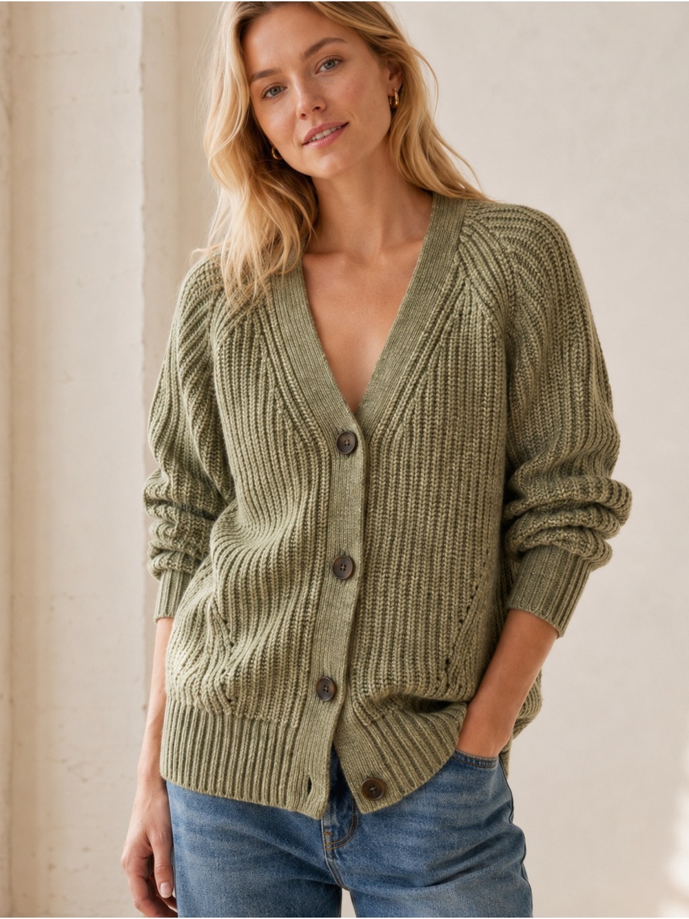 Madewell Holmes Ribbed Cardigan Merino Wool Alpaca Sage Green Oversized XS